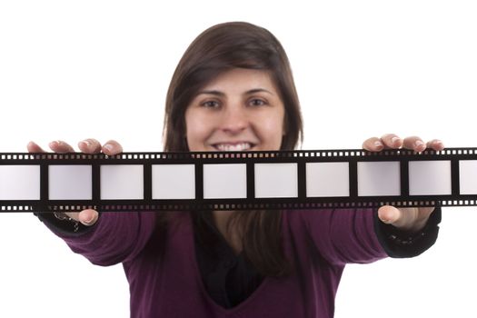 young woman holding film photo frame isolated on white background - you can insert your own text or photos in the frames