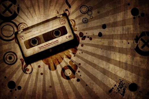 grunge texture background with music cassete - landscape orientation