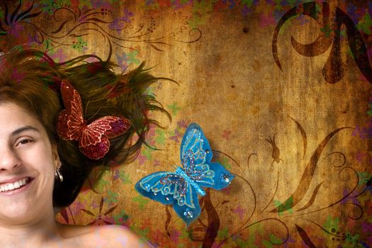 Floral grunge background with beautiful young woman and butterflies