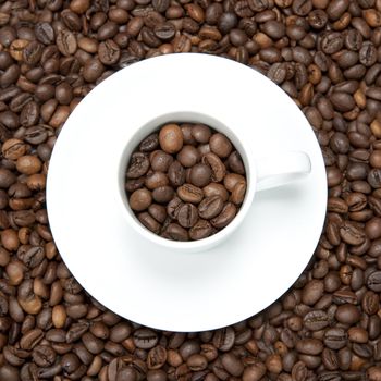 background with white cup and coffee beans - square format