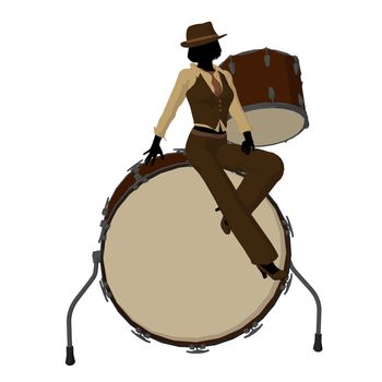 Female jazz player on drums on a white background