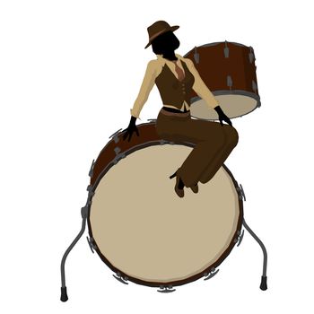 Female jazz player on drums on a white background