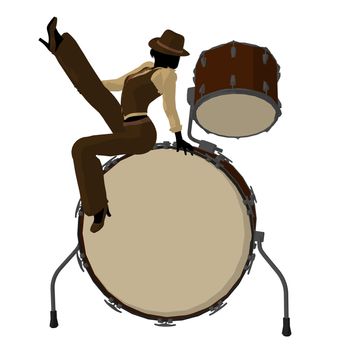 Female jazz player on drums on a white background