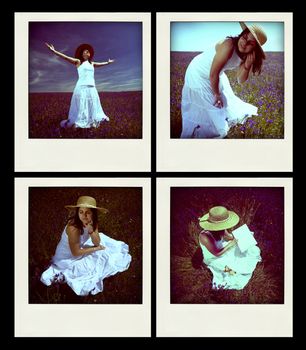 set of four instant photos with young girl outdoors - Exposure and white balance are intencionally off