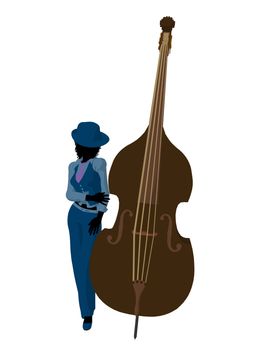 African american jazz player on a bass on a white background