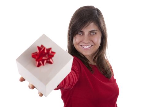 beautiful young woman with valentine present box isolated on white background