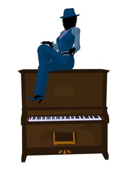 African american jazz musician on a piano on a white background