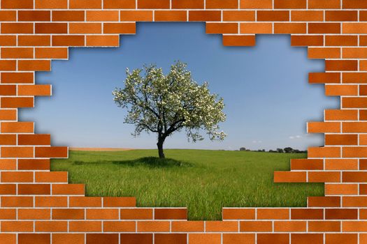 beautiful landscape behind broken brick wall