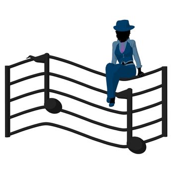 African american jazz musician on a music scale with notes on a white background