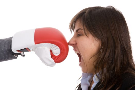 two businesswoman with boxing gloves fighting. isolated on white background.