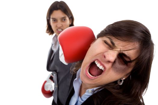 Two businesswoman with boxing gloves fighting. isolated on white background.
