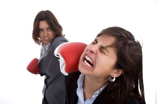 two businesswomen with boxing gloves fighting. isolated on white background.