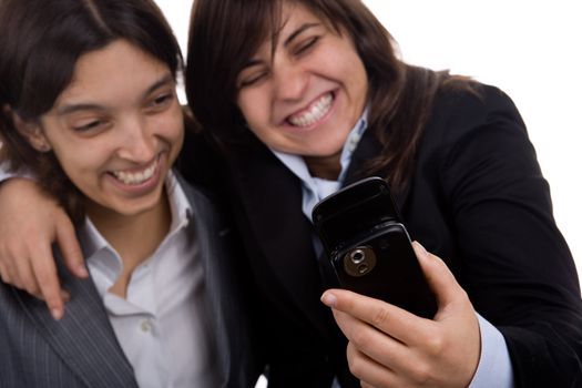 businesswoman with partner laughing with mobile phone isolated on white