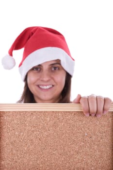 santa woman holding empty frame with copyspace isolated on white background. focus on the hand.