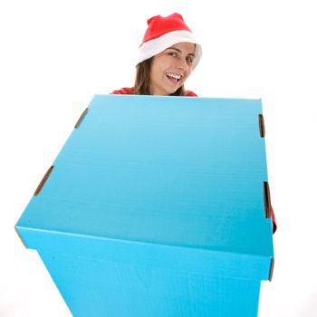 young santa woman celebrating christmas holding big present box isolated on white background