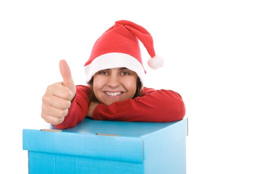 beautiful santa woman celebrating christmas with a big present box. isolated on white background.