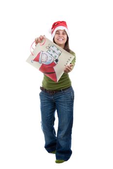 young santa woman celebrating christmas holding present bag. isolated on white background.