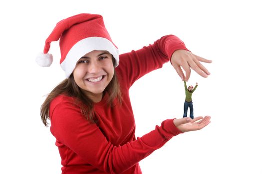 young santa woman holding small funny person in the hand. isolated on white background. landscape orientation.