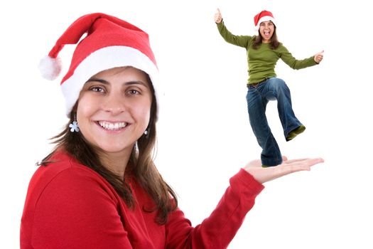 young santa woman in red costume with hand in holding position isolated on white background