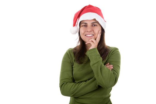 young santa woman celebrating christmas. isolated on white background. landscape orientation.