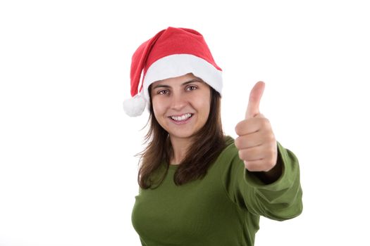 young santa woman celebrating christmas with thumbs up. isolated on white background. landscape orientation.