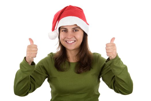 young santa woman celebrating christmas with thumbs up. isolated on white background. landscape orientation.