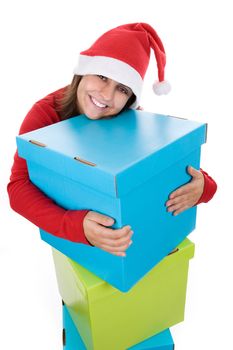 Christmas concept with young santa woman holding giant blue present box isolated on white background