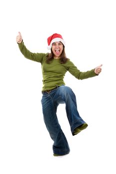 funny santa woman with green shirt isolated on white background