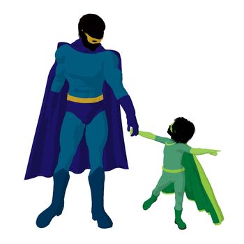 Super hero dad with child silhouette on a white background