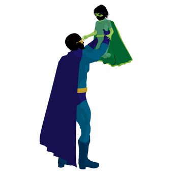 Super hero dad with child silhouette on a white background