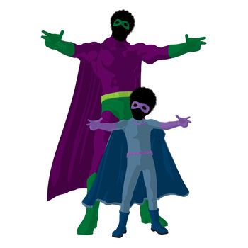 African american super hero dad with child silhouette on a white background