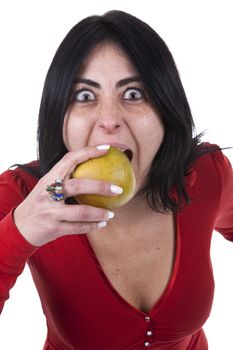 young woman holding green apple in the hand - isolated on white background