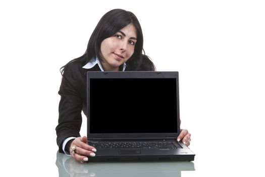 beautiful businesswoman with laptop computer isolated on white background