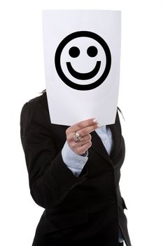 businesswoman holding smile printed funny face isolated on white background