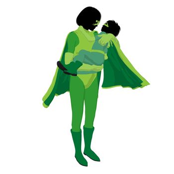 Super hero mom with child silhouette on a white background