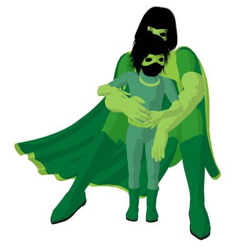 Super hero mom with child silhouette on a white background