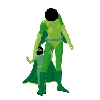 Super hero mom with child silhouette on a white background