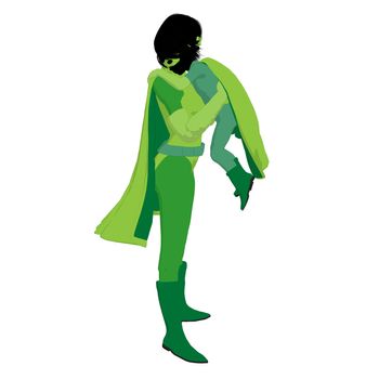 Super hero mom with child silhouette on a white background