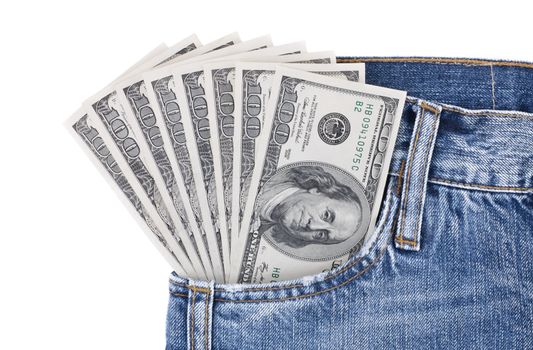 Many hundred dollar bills sticks out from pocket of blue jeans