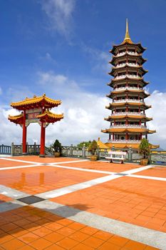 Image of a Chinese temple and pagoda in Malaysia.