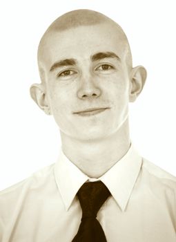 Faded portrait of the young man with a tie on a white background
