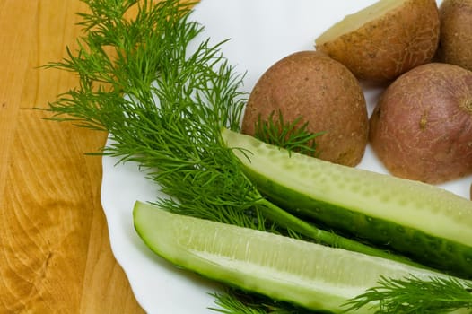 Provincial still-life with boiled potatoes, sliced salt cucumber and some dill on white porcelain  plate