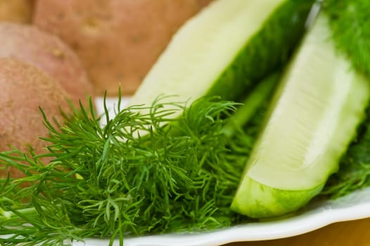 Provincial still-life with boiled potatoes, sliced salt cucumber and some dill on white porcelain  plate