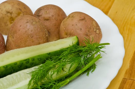 Provincial still-life with boiled potatoes, sliced salt cucumber and some dill on white porcelain  plate