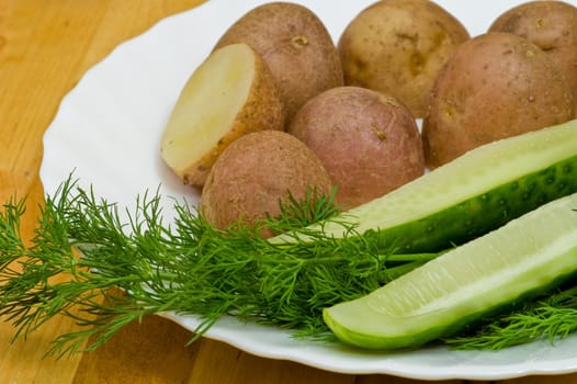 Provincial still-life with boiled potatoes, sliced salt cucumber and some dill on white porcelain  plate