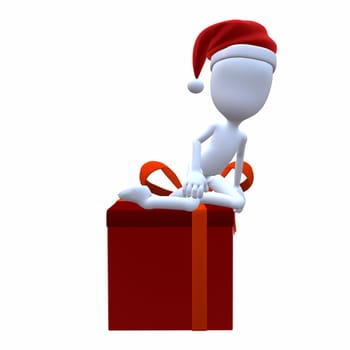 3D Christmas Guy Sitting On A Christmas Gift on a white background