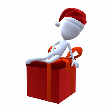 3D Christmas Guy Sitting On A Christmas Gift on a white background