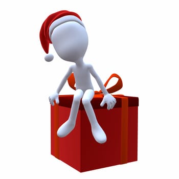 3D Christmas Guy Sitting On A Christmas Gift on a white background