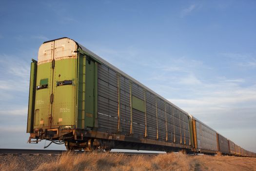 old double deck rail stock cars for livestock transportation left on a sidetrack in Colorado prairie