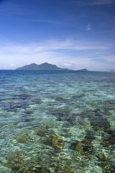 Image of a coral reef with an island in the background.